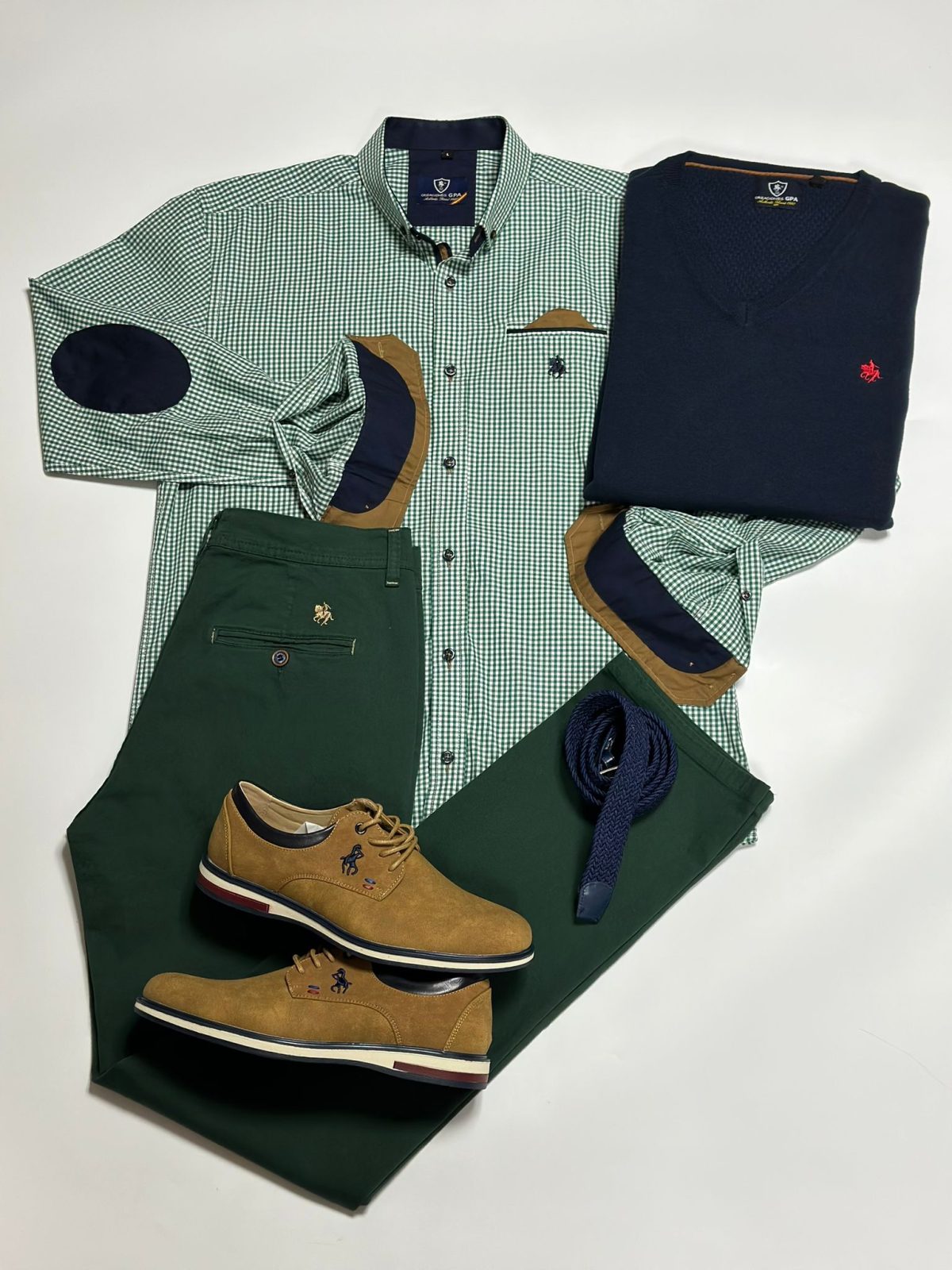 Set 4 - Camisa Vichy Verde, Jersey Marino, Pantalón Chino Verde y Zapato Marrón