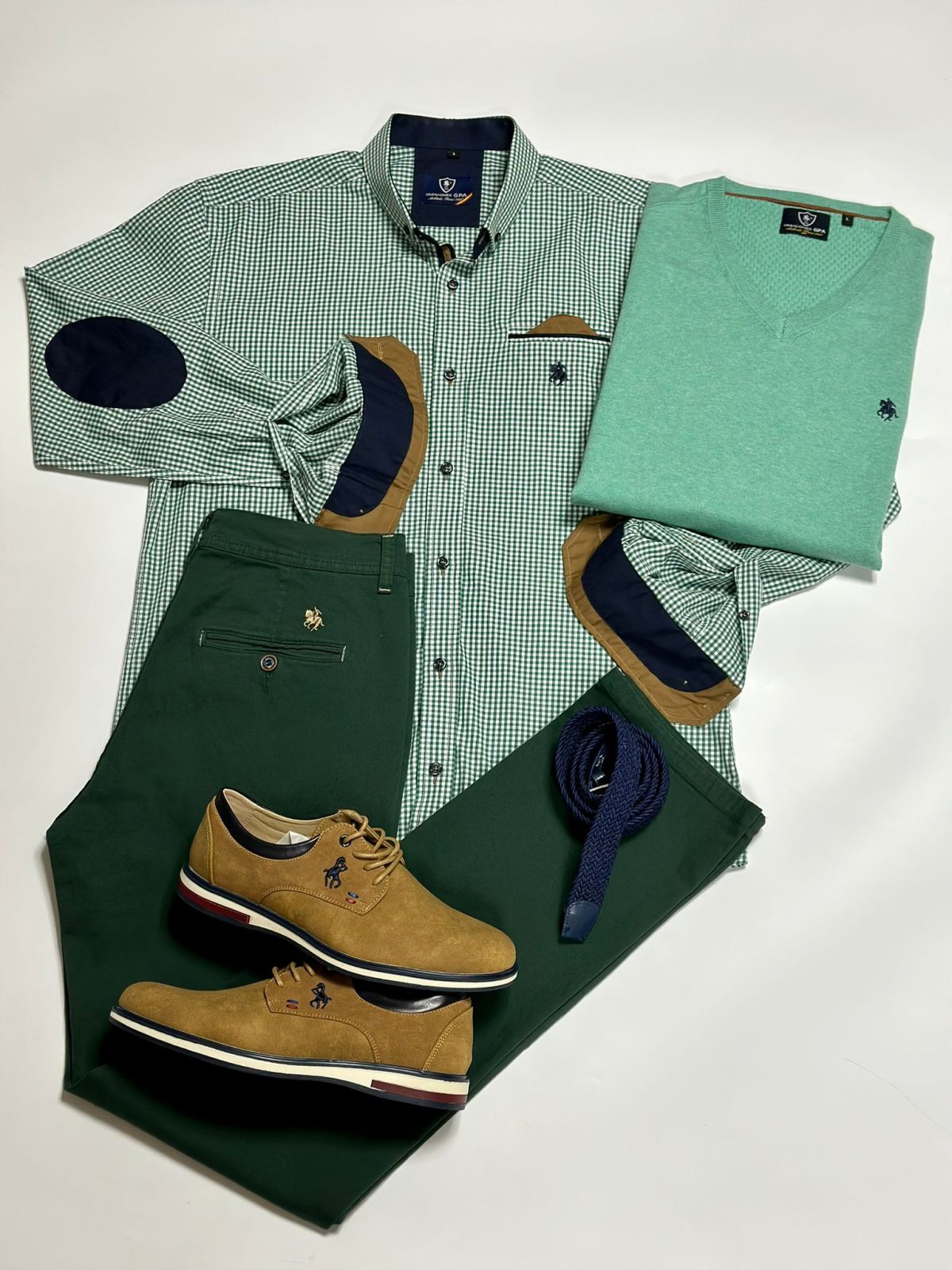 Set 4 - Camisa Vichy Verde, Jersey Agua, Pantalón Chino Verde y Zapato Marrón