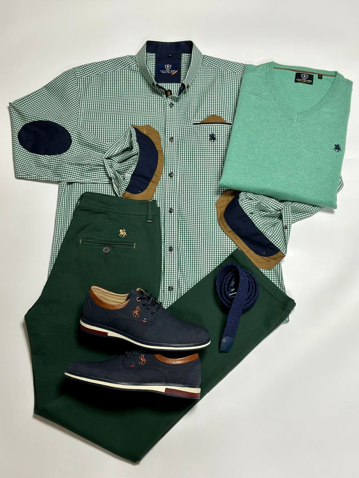 Set 4 - Camisa Vichy Verde, Jersey Agua, Pantalón Chino Verde y Zapato Marino