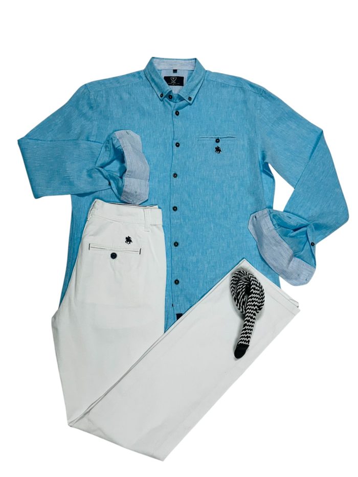 Camisa lino turquesa pantalón blanco