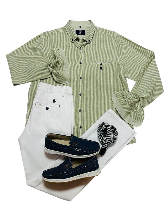 Camisa, raya verde, lima, pantalón blanco, náutico marino