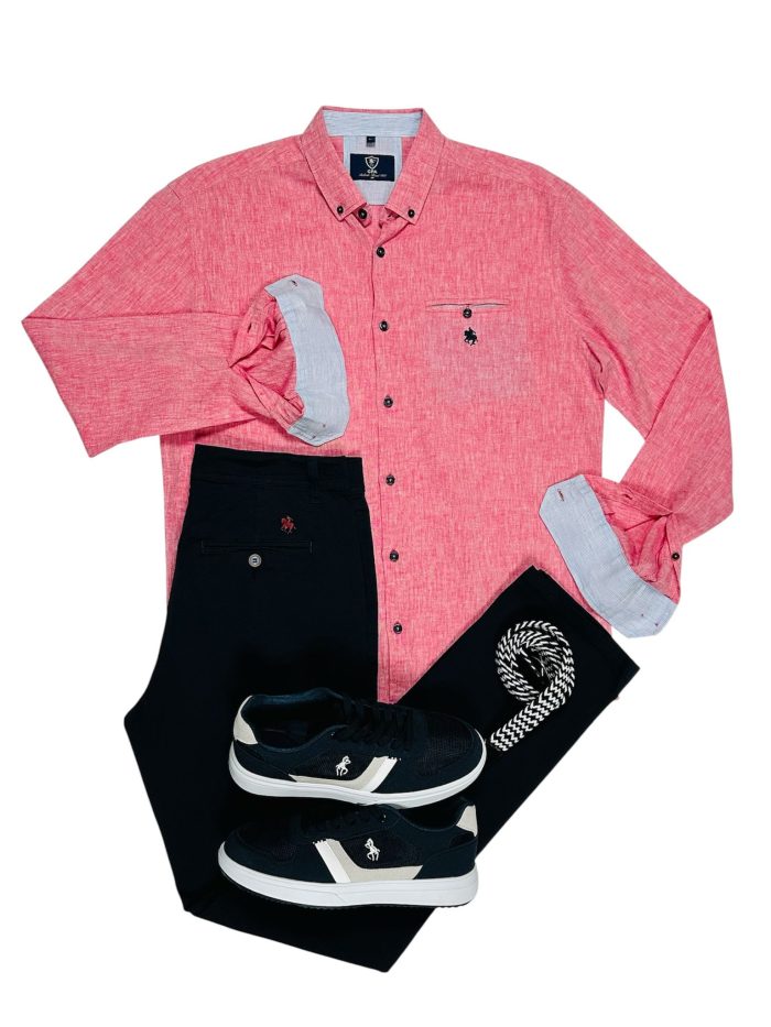 Camisa, lino, fucsia, pantalón marino, deportivo, casual, marino