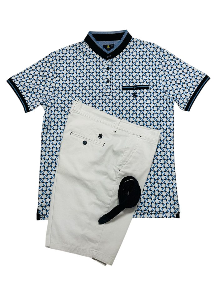 Polo fantasía, círculo. Bermuda Blanca.