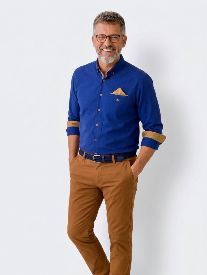 Conjunto micro espiga azulon pantalón camel